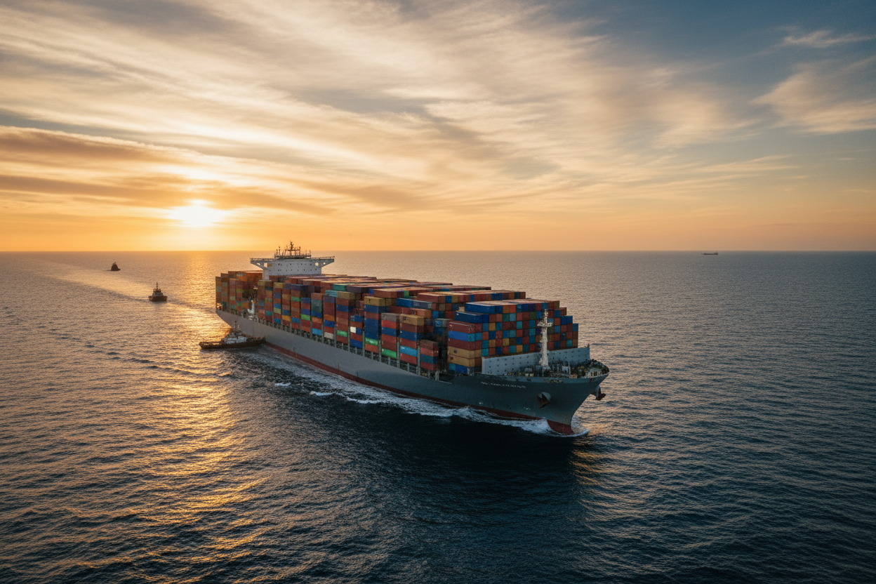 Container ship at golden hour